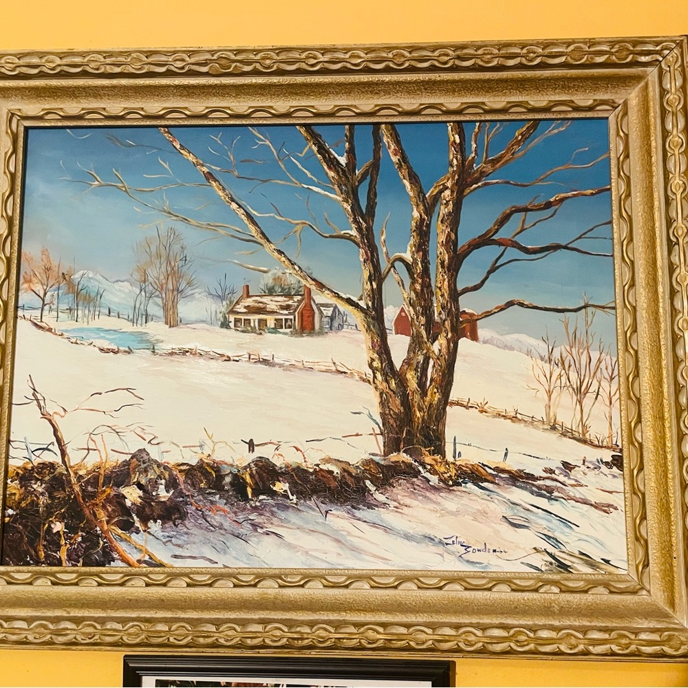 Serene Winter Landscape Art with Gold Frame